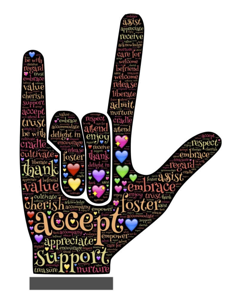 The ASL handshape for "I Love You" with a wordle in it and hearts. The most prominent words are "Accept", "Support", "Appreciate", "Foster", "Embrace", "Assist", "Value", and "Cherish.