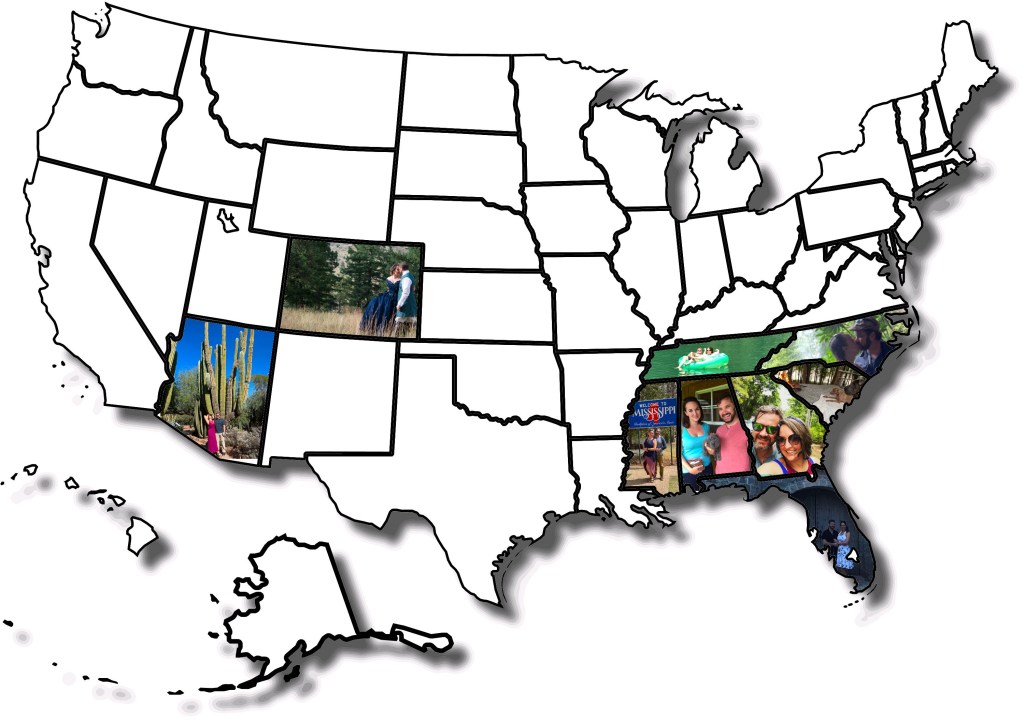 A partially filled in map of the United States featuring photos of Sarah and her partner, Jason, of the adventures they've gone on together.