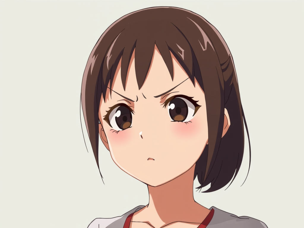 An anime character with brown hair and bangs and big brown eyes has a very clearly furrowed brow, indicating she is signing a "WH" question in American Sign Language.
